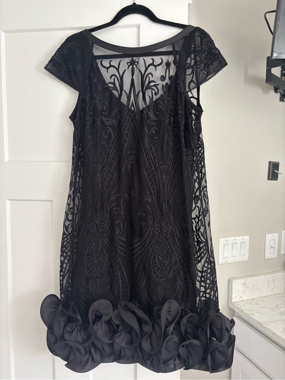 Kensie Black Lace Overlay Dress with Rosette Hem